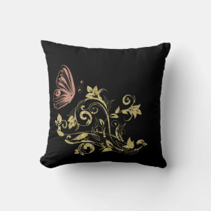 Coussin Fleurs scintillantes dorées et joli papillon rose