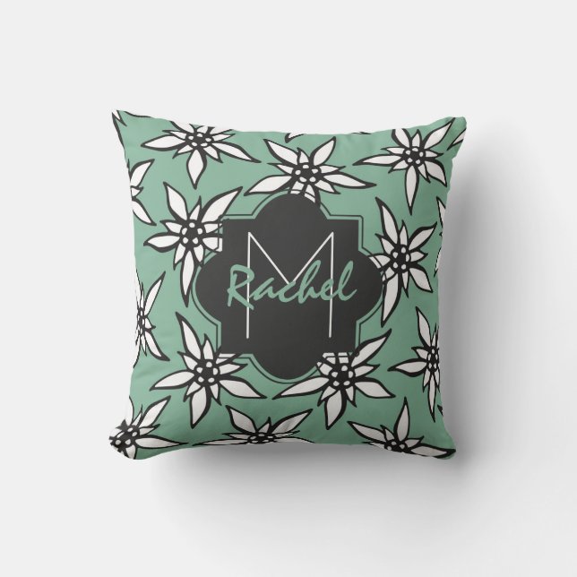 Coussin Fleurs tirées par la main blanches et noires sur (Recto)