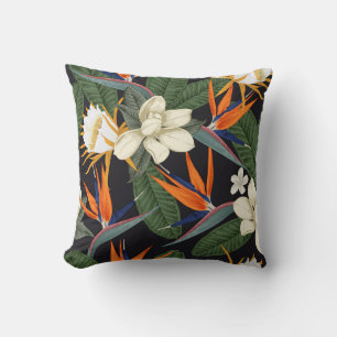 Coussin Fleurs tropicales, arrière - plan foncé, sans cout