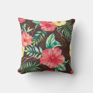 Coussin Fleurs tropicales colorées Arrière - plan foncé