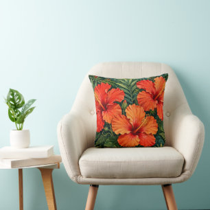 Coussin Fleurs tropicales de jungle d'hibiscus orange luxu