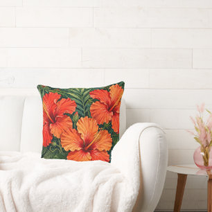Coussin Fleurs tropicales de jungle d'hibiscus orange luxu