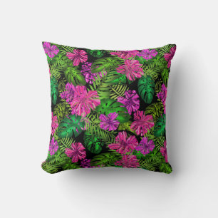 Coussin Fleurs tropicales et plantes en noir