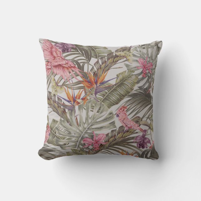 Coussin Fleurs tropicales, feuilles de palmiers, oiseau de (Recto)