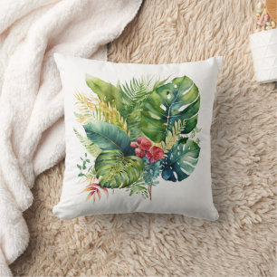 Coussin Fleurs tropicales roses vertes feuilles de palmier