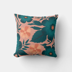 Coussin Fleurs turquoises et de Pêche sur un Arrière - pla