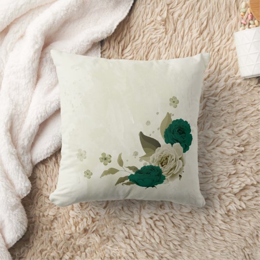 Coussin fleurs vert émeraude beige (Couverture)