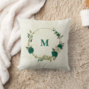 Coussin fleurs vert émeraude beige