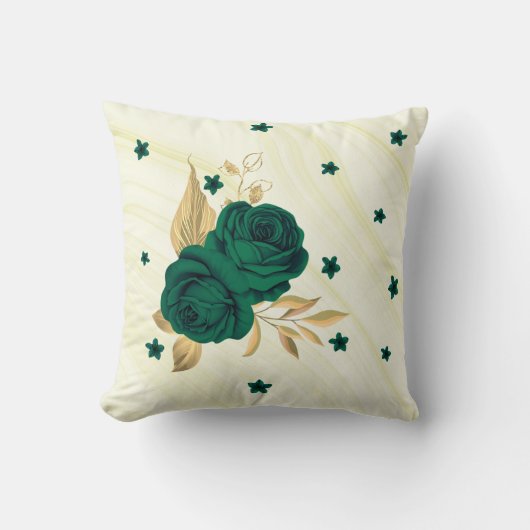 Coussin fleurs vert émeraude feuilles dorées marbre (Recto)