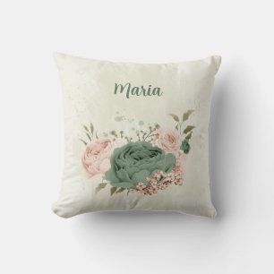 Coussin fleurs vert sauge rose blush
