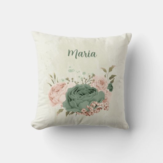 Coussin fleurs vert sauge rose blush (Recto)