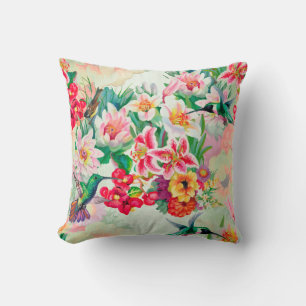 Coussin Fleurs vertes à la menthe tropicale d'Oiseau tonne