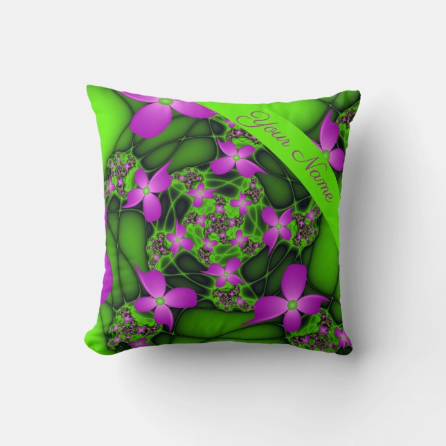 Coussin Fleurs Vertes Roses Néon Abstraites Modernes Nom (Recto)