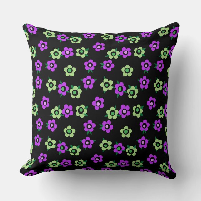 Coussin Fleurs vertes violettes sur fond noir rétro (Recto)