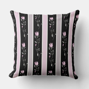 Coussin Fleurs vintage à motif rayé en noir et rose