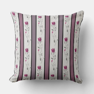 Coussin Fleurs vintage à motif rayé en noir et rose