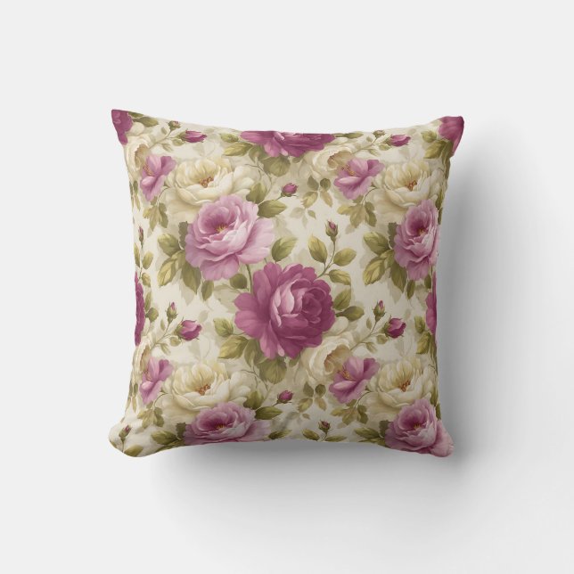 Coussin Fleurs Vintage Botanique Rustique Rose et Crème (Recto)