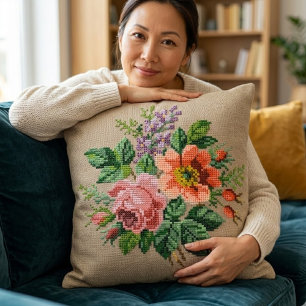 Coussin Fleurs Vintage Florales Rose et Pêche en Point de