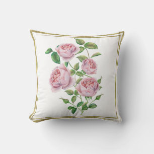 Coussin Fleurs Vintage Roses Botaniques Feuilles Vertes Or