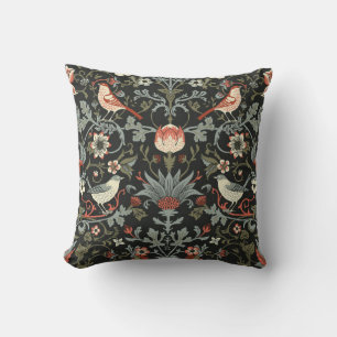 Coussin Fleurs Vintages et oiseaux foncés enchantés sans s