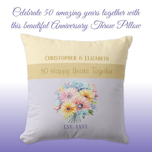 Coussin Fleurs violet pour 50 ans d'or de mariage