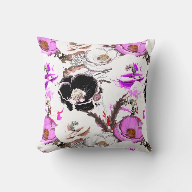 Coussin Fleurs violettes, blanches et noires. (Recto)
