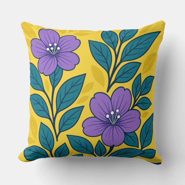 Coussin Fleurs violettes et feuilles sarcelles sur fond ja (Recto)