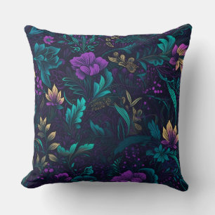 Coussin Fleurs violettes et Feuilles Turquoises
