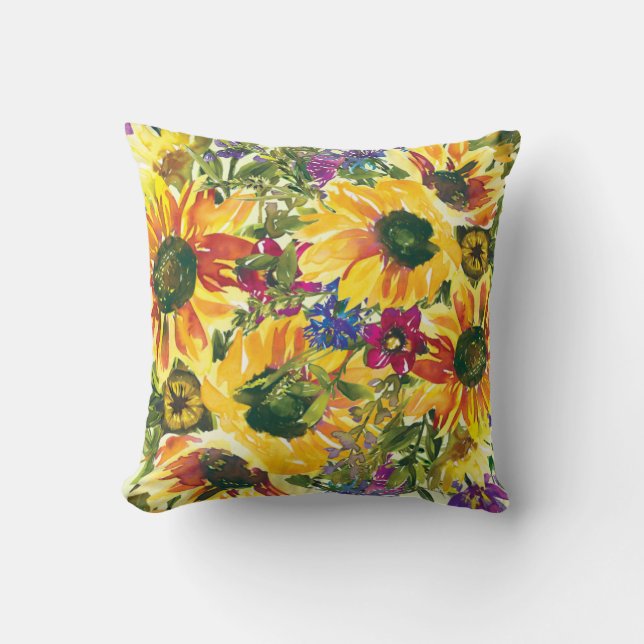 Coussin Fleurs violettes jaunes Boho Aquarelle (Recto)