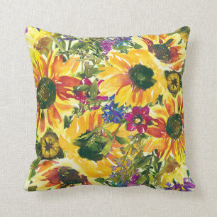 Coussin Fleurs violettes jaunes Boho Aquarelle