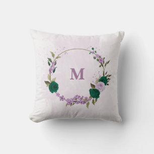 Coussin fleurs violettes vert émeraude