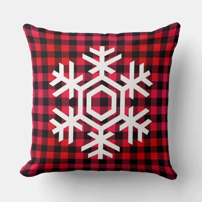 Coussin Flocon de neige blanc sur motif tartan rouge chaud (Recto)