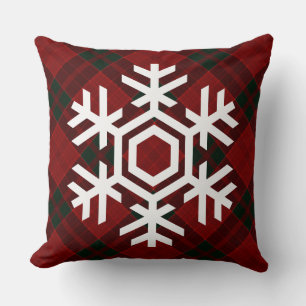 Coussin Flocon de neige blanc sur un motif tartan rouge de