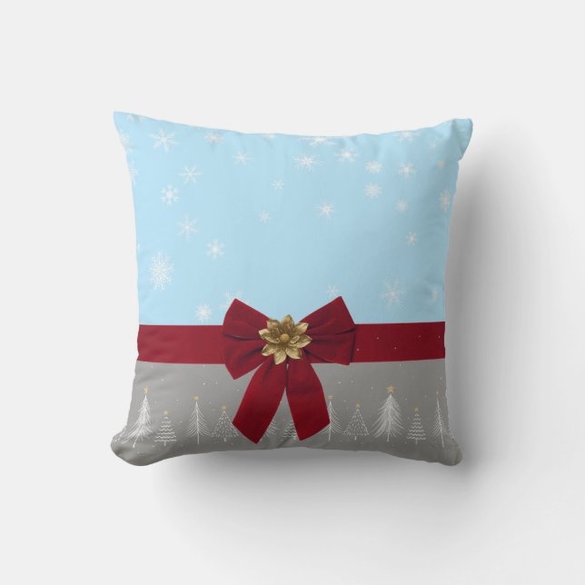 Coussin Flocon de neige de Noël bleu gris rouge (Recto)