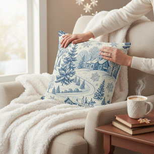 Coussin Flocon de neige de village de Noël hivernal bleu v