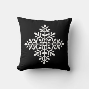 Coussin Flocon de neige décoratif blanc sur fond noir