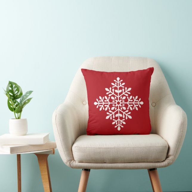 Coussin Flocon de neige décoratif blanc sur fond rouge (Chaise)