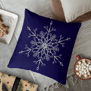 Coussin Flocon de neige élégant argenté pailleté bleu mari