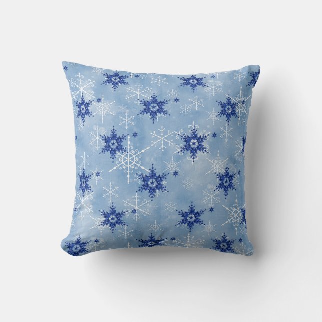 Coussin Flocon de neige gelé hiver Noël Marine Bleu Blanc (Recto)