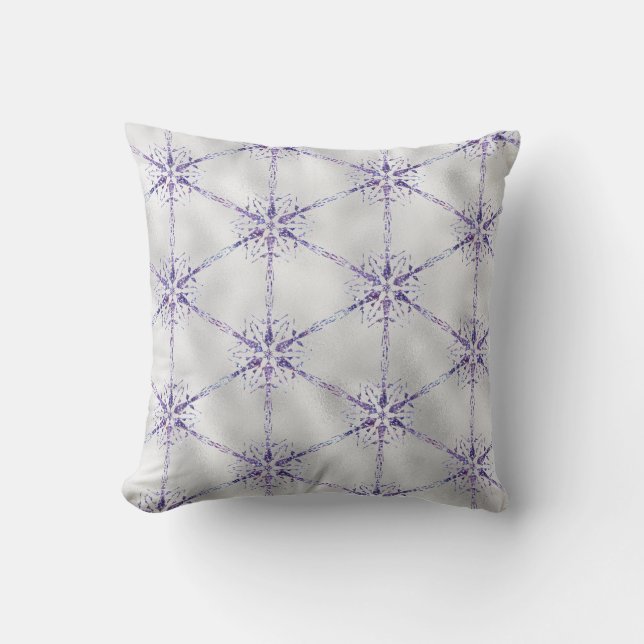 Coussin Flocon de neige violet de Noël blanc étincelant (Recto)