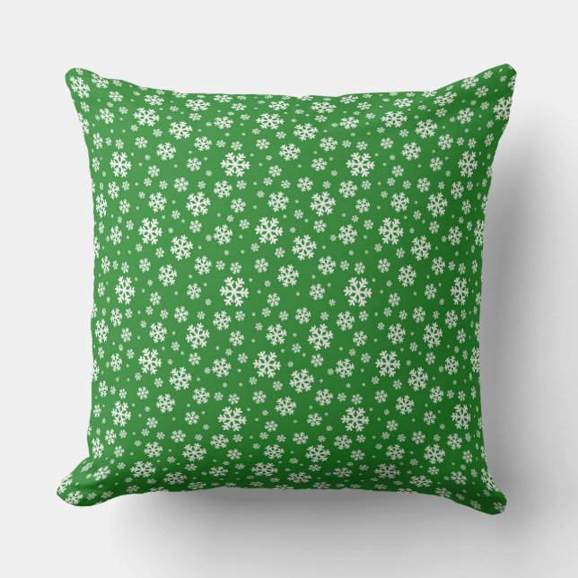 Coussin Flocons blancs sur motif vert d'hiver (Recto)