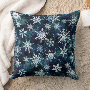 Coussin Flocons de neige bleu profond nuit magique d'hiver
