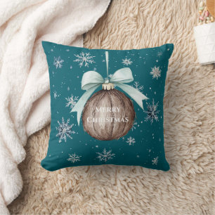 Coussin Flocons de neige bleu sarcelle Noël coco avec noeu
