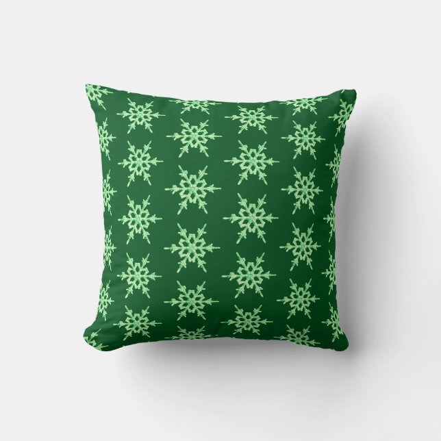 Coussin Flocons de neige, cristaux vert pâle sur fond vert (Recto)