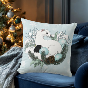 Coussin Flocons de neige de Noël bleu Ermine blanche