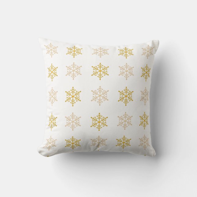 Coussin Flocons de neige dorés élégants sur fond blanc (Recto)