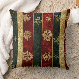 Coussin Flocons de neige en or pailleté sur rayures rouges