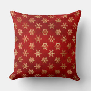 Coussin Flocons de neige hivernaux festifs rouges et dorés