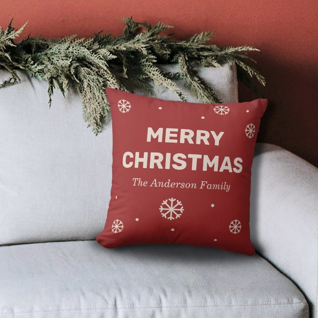 Coussin Flocons de neige & Joyeux Noël Rouge  (Snowflakes & Merry Christmas Red Pillow)