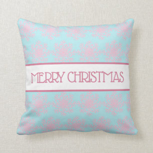Coussin Flocons de neige rose et bleu pastel Joyeux Noël